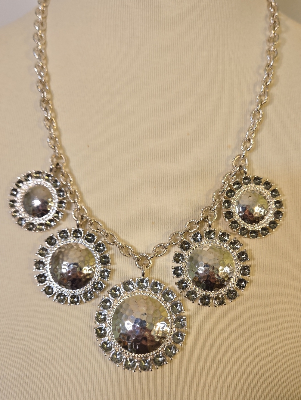 WH/BM Silver Disc Statement Necklace with Crystal Accents